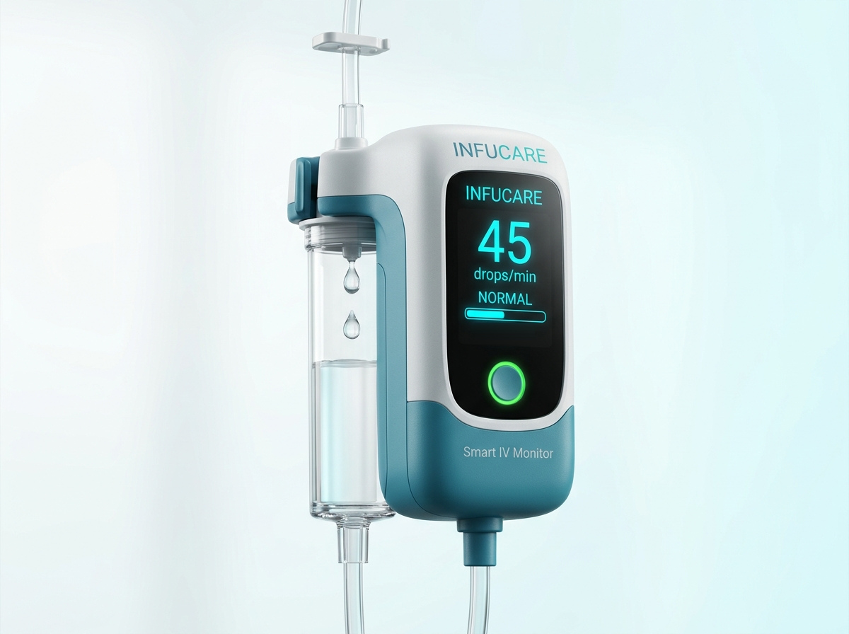 Thiết bị Infucare đang kẹp trên bầu nhỏ giọt dây truyền dịch